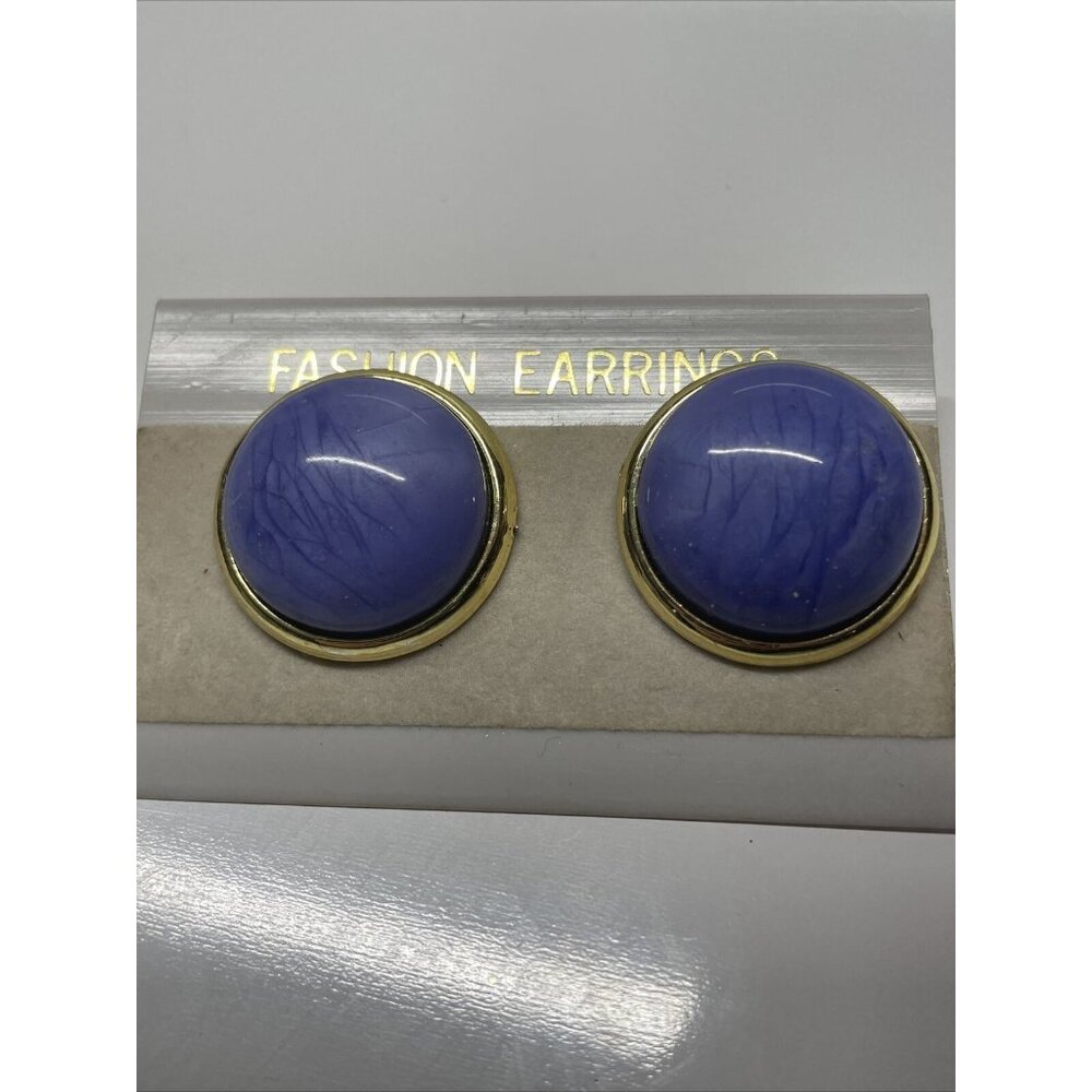 Vintage Genuine Lucite Earrings Blue Marbled Round Button Dome Pierced NOS